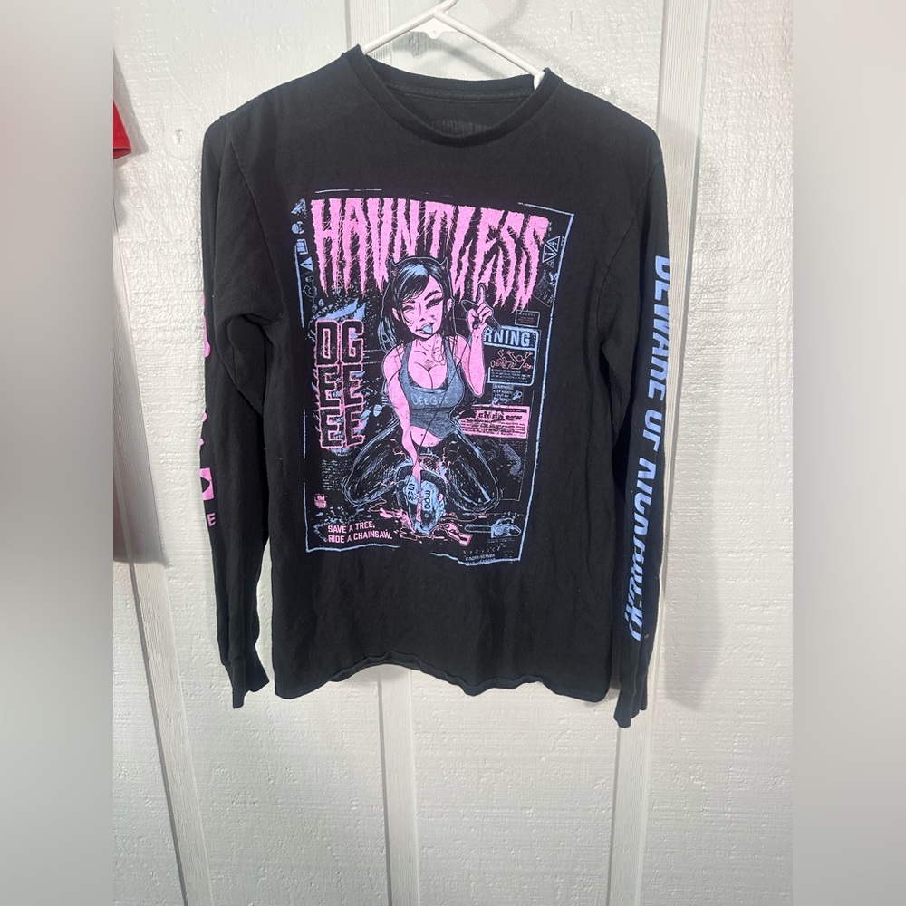 Hauntless Black Deegee ChainsawLogo Graphic Print Long Sleeve Shirt SZ Small EUC